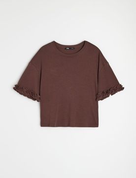 Blusa di cotone con volant - marrone