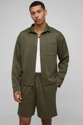 Mens Oversized Scuba Shirt And Relaxed Short Set - Khaki - Size Medium