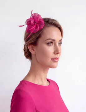 Women's Small Sanity Flower Fascinator with Feather – Brooch & Hair Clip in Fuchsia Size: 100cm x 15cm - Fuchsia - Size: 100cm x 15cm - Vellin - FashionsVida