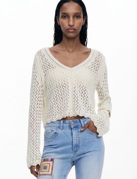 Pull court ajouré, Blanc, XL
