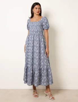 Embroidery Puff Sleeve Midi Dress - M/L / BLUE - female - Blue Vanilla - FashionsVida