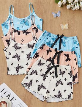 Set de 3 piezas de pijama informal con estampado de mariposas, que incluye camiseta de tirantes y pantalón corto, multicolor