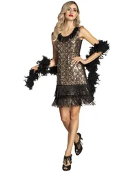 Charleston-Kleid mit Pfauen-Muster und Fransen 20er Outfit gold-schwarz
