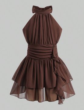 Vestido de verano para niña preadolescente de color liso con plisados, moda para vacaciones y viajes, con cuello halter y lazo