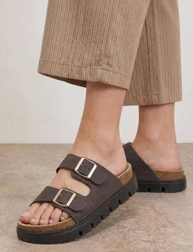 Mae Platform Faux Suede Buckle Footbed Sliders - Chocolate - Size: 8 - OASIS - FashionsVida
