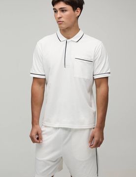 Herren Piqué-Poloshirt Mit Kontrastpaspelierung, Verdeckter Knopfleiste Und Kastigem Schnitt & Shorts-Set In Regulärer Passform Ecru Größe XL