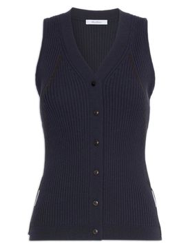 Cotton-Viscose Crepe Ribbed Knit Vest with V-Neck and Button Front