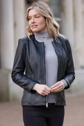 Women's Real Leather Casual Collarless Jacket in Black Size: 26 - Black - Size: 26