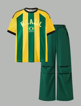 Set de 2 piezas con estilo casual de calle: Camiseta con estampado numérico + Pantalón cargo, ajuste cómodo para un movimiento fácil, elementos de - Shein - FashionsVida