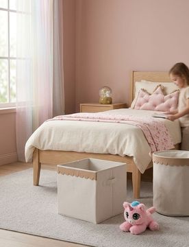 Scatola portaoggetti pieghevole con volant e manici - beige