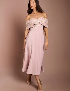 Pleated V Neck Jacquard Bodice Crepe Skirt Midi Dress - Blush - Size: 12 - Coast - FashionsVida
