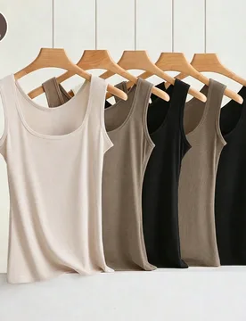 Pcs/Set Top de tirantes minimalista de moda unicolor para mujer, cuello redondo, camisola, camiseta interior cómoda, elástica y sin costuras - Shein - FashionsVida