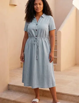 Women's Curve Tie Waist Shirt Dress in Mid Blue Size: 16 - Mid Blue - Size: 16 - Roman - FashionsVida