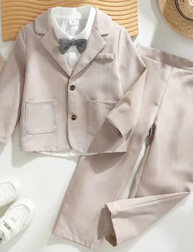 Piezas Conjunto de blazer de manga larga blanco marfil texturizado minimalista, pantalones, camisa de manga larga blanca con corbata de moño a lunare - Shein - FashionsVida