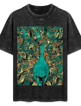 Aqua and Gold Peacock Stained Glass T-Shirt Basic Lightweight Short Sleeve Tee - Aliexpress - FashionsVida