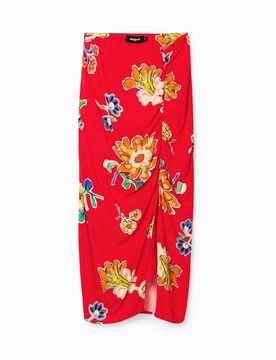 Jupe midi fronces, Viscose, Rouge, XS