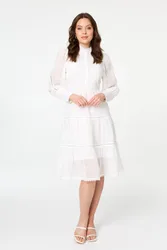 Women's Embroidered Tiered Knee Length Dress in White Size: 14 - White - Size: 14