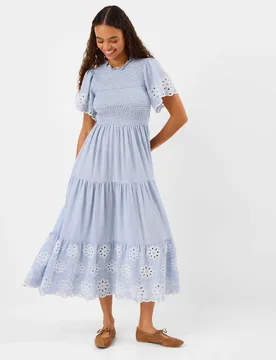 Pure Cotton Cutwork Midi Shirred Dress Blue female - Accessorize - FashionsVida