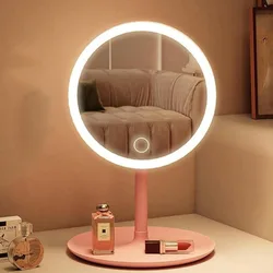 Espejo de maquillaje LED ajustable, iluminación inteligente de 3 colores, brillo ajustable, carga USB con un solo toque, espejo de mesa de alta defin