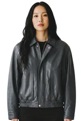 Women's Leather Biker Blouson Bomber Oversized Jacket - Sibiu in Navy Size: 16 - Navy - Size: 16
