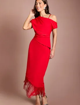 Women's Drape Sleeve Asymmetric Fringed Hem Midi Dress in Red Size: 18 - Red - Size: 18 - Coast - FashionsVida