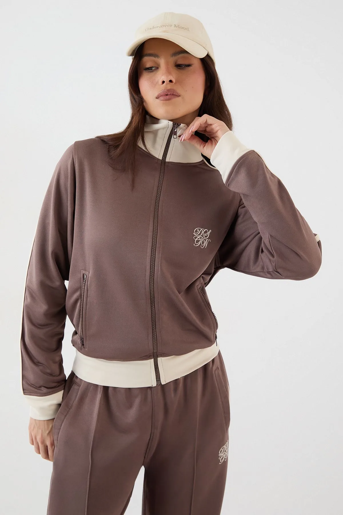 Womens Tricot Contrast Zip Through Track Jacket - Taupe - Size X-Small - DSGN Studio - FashionsVida
