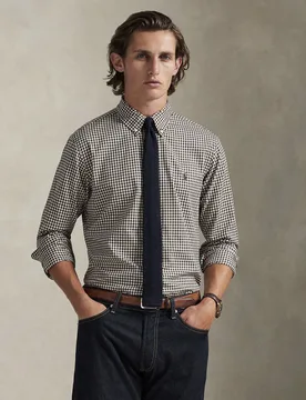 Camicia Polo custom-fit in cotone stretch a fantasia vichy bianca e marrone con colletto button-down - Ralph Lauren - FashionsVida