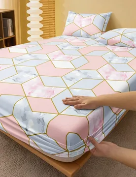 Juego de sábanas ajustadas con patrón geométrico de mármol rosa y gris 2/3 piezas (sin relleno), juego de ropa de cama para dormitorio, material d - Shein - FashionsVida