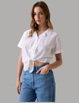 Camicia Cotone Pizzo Sangallo Donna con Fiocco