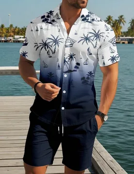 Conjunto de camisa de manga corta y pantalones cortos con estampado tropical para hombre, con bolsillos y cuello de camisa relajado para un estilo ele - Shein - FashionsVida