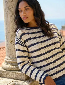 Womens Stripe Pointelle Knit Jumper - Ivory - Size 20 Uk - Roman - FashionsVida