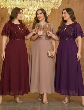 Plus Size Round Neck Keyhole Hollow Double Ruffle Sleeve Sequin Lace Chiffon A Line Midi Dress Burgundy Dusty Mauve Purple - Aliexpress - FashionsVida