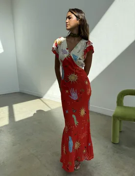 Celestial Print V-Neck Midaxi Column Dress Red Mix female - Never Fully Dressed - FashionsVida