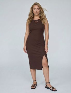 Abito midi a coste in cotone con laccio decorativo sul décolleté - marrone