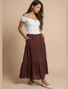 Women's Chocolate Broderie Maxi Skirt Size: 8 - Chocolate - Size: 8 - Urban Bliss - FashionsVida