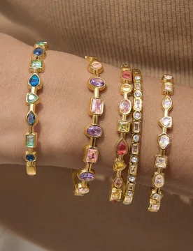 Pieza Pulsera de joyería de lujo de acero inoxidable con circonita cúbica blanca rectangular y strass redondo para mujer, chapada en oro de 18K, pul - Shein - FashionsVida