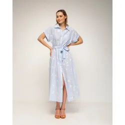 Vestido 100% algodón midi camisero de rayas y con bordados