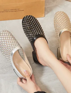 Gold Rhinestone Mesh Mules With Chunky Heel And Square Toe Breathable SandalsDaily Wear Slip On Casual Comfortable Summer Party - Aliexpress - FashionsVida