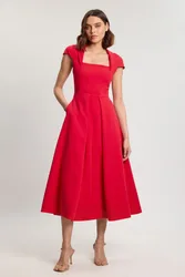 Womens Petite Square Neck Tailored Full Skirted Maxi Dress - Red - Size 8 Uk