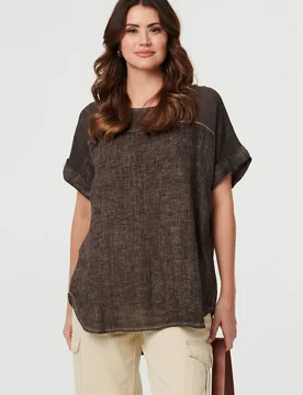 Women's Contrast Texture Relaxed Curve Hem Top in Brown Size: 12 - Brown - Size: 12 - Izabel London - FashionsVida