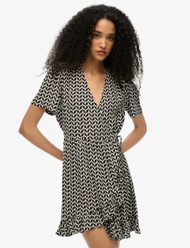 Superdry Damen Kurzärmeliges, Bedrucktes Mini-wickelkleid Schwarz - Größe: 44 - 64.99 - FashionsVida