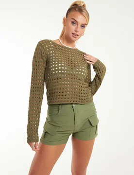 Womens Long Sleeve Crochet Top - Khaki - Size Medium - Pink Vanilla - FashionsVida