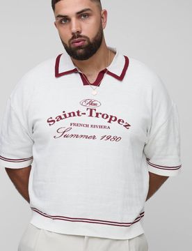 Herren Plus Boxy V-Ausschnitt Saint Tropez Strick-Poloshirt Ecru Größe 2XL