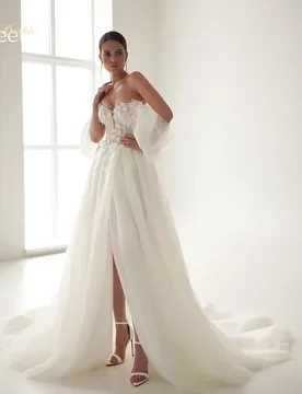 Elegant Wedding Dress Organza With Embroidery Lace Slit A Line Ball Gown Strapless Half Sleeve Bride Customized Robe De Mariee - Aliexpress - FashionsVida