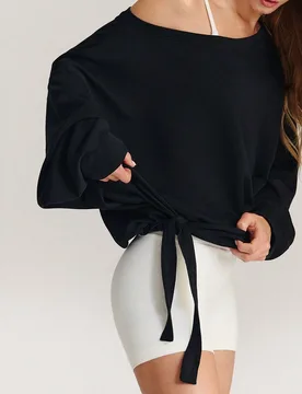 Sudadera de un hombro con ajuste de cordón en la cintura, de longitud hasta la cintura, suave, sedosa y transpirable, de modal, para uso diario y cas - Shein - FashionsVida