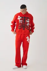 Herren Oversized Boxy Skelett Puff Print Kreuz Hoodie Sweatshirt Red Größe Small