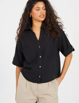 V-Neck Button Through Short Sleeve Shirt - Black - Size: L - Brave soul - FashionsVida