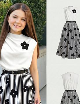 Vestido negro y blanco de línea A con cuello de tortuga y cintura acampanada, estilo casual y elegante para niñas preadolescentes