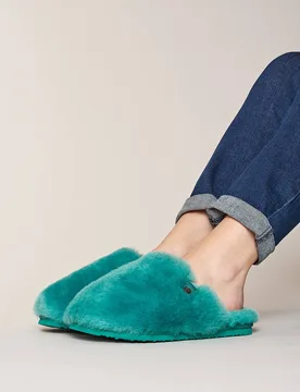 Women's 'Maberley' Fluffy Sheepksin Mule Slippers in Jade Size: 6.5 - Jade - Size: 6.5 - Moshulu - FashionsVida