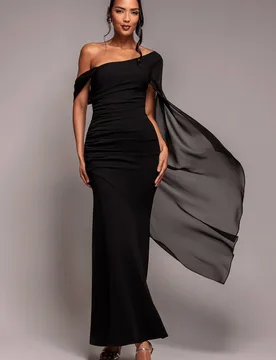 Women's One Shoulder Cape Scuba & Chiffon Maxi Dress in Black Size: 18 - Black - Size: 18 - Goddiva - FashionsVida